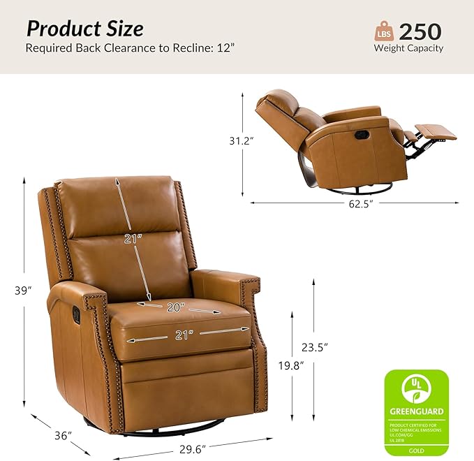 HULALA Home Genuine Leather Swivel Rocker Recliner Modern Manual Glider Recliner Chair with Adjustable Backrest &amp Footrest360 Degree Swivel Home Theater Sofa Armchair for Living Room Bedroom Ca
