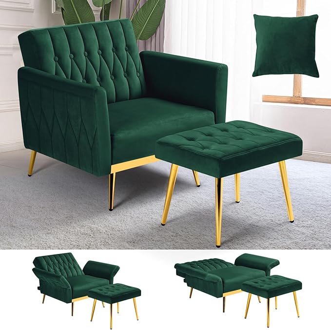Velvet Accent Chair with Adjustable Armrests and Backrest Button Tufted Lounge Chair Single Recliner Armchair with Ottoman and Pillow for Living Room Bedroom Green