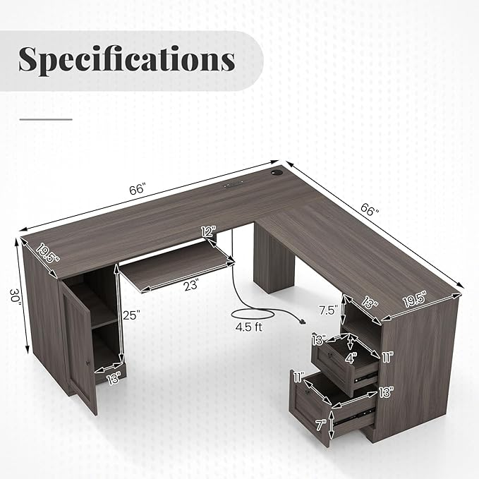 Giantex 66 L-Shaped Desk with Storage Drawers &amp Charging Station Spacious Corner Computer Desk with Keyboard Tray Adjustable Shelf Cabinet Huge Workspace Home Office Study Writing Desk (Grey