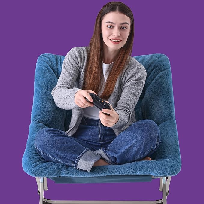 OAKHAM Comfy Chair for Adults Soft Faux Fur Folding Lounge for Bedroom Living Room Dorm Rooms Flexible Reading Chair for Teens Kids X-Large Foldable (Faux Fur-Navy Blue)