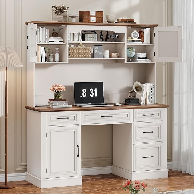 Vabches 67 H Farmhouse Executive Desk with Hutch.Wood Workstation with 5 DrawersStorage CabinetFile Drawers and Charging Station Ideal as Office DeskComputer Desk for Home Office Study(White