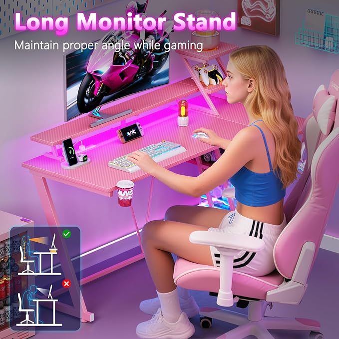 47 Inch Pink Gaming Desk with LED Lights &amp Power Outlet Gaming Computer Desk with Storage Shelves L Shaped Gamer Workstations with Monitor Stand for Bedroom