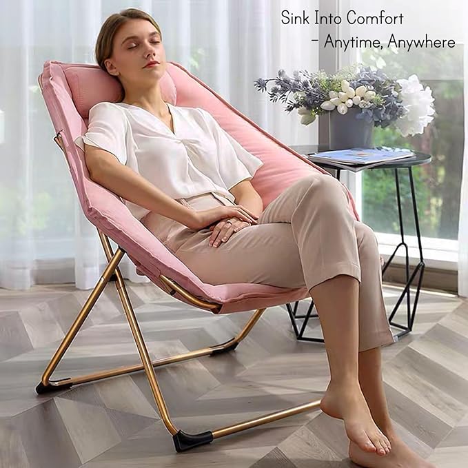 Hexagon Foldable Living Room Chair Saucer Chair for Adults Comfy Bedroom Lounge Chair Moon Chair Lazy Folding Chair for Dorm Rooms(Chair-Pink)