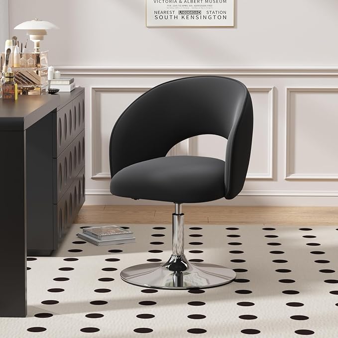 Furniliving Makeup Vanity Chair Flexible Round-Back 360° Accent Chair with Plated Frame Height Adjustable Swivel Chairs for Living Room Charming Chair Lounge Pub Bar (Black)