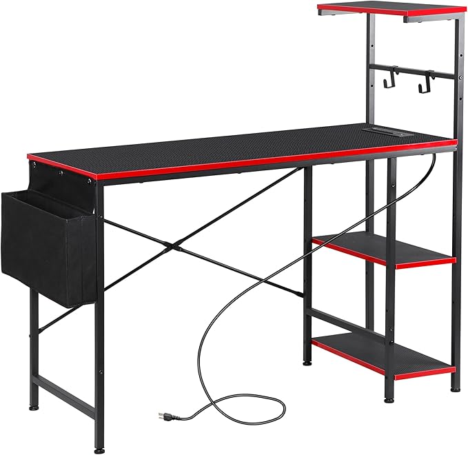 HomGarden Gaming Desk with Power Outlets and LED Lights 44 Inch Computer Desk with Monitor Stand and Reversible Shelves for Home Office Bedroom Black