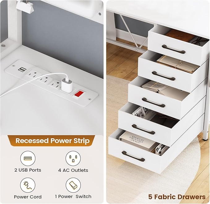 SEDETA L Shaped Gaming Desk with Drawers L Shaped Computer Desk with Hutch and Storage Shelves Gaming Desk with Pegboard Led Lights and Power Outlet Home Office Desk Corner Desk White