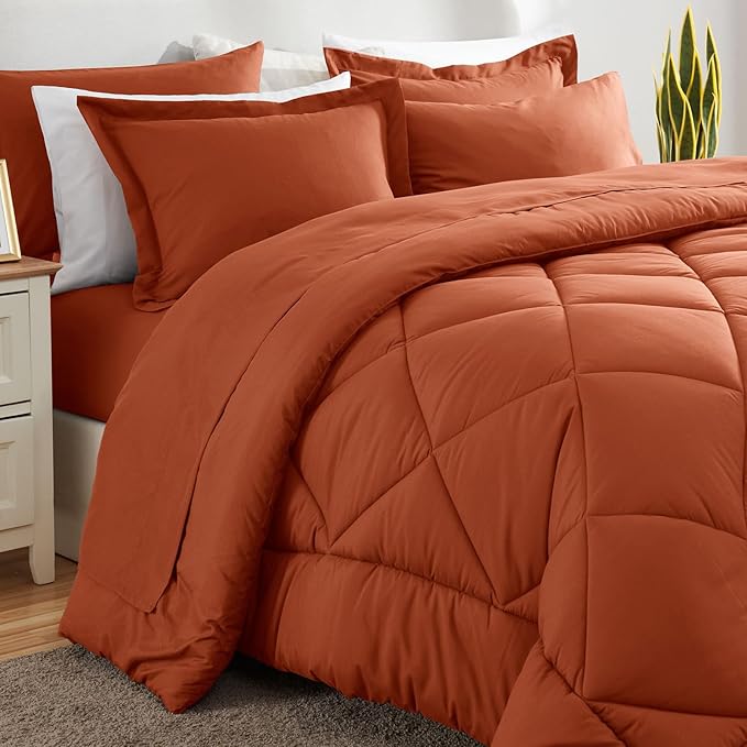 CozyLux Queen Comforter Set Burnt Orange - Bed in a Bag Queen Size 7 Pieces Luxury Soft Bed Set for All Seasons Bedding Set with Down Alternative Comforter Sheets Pillowcases &amp Shams Terracot