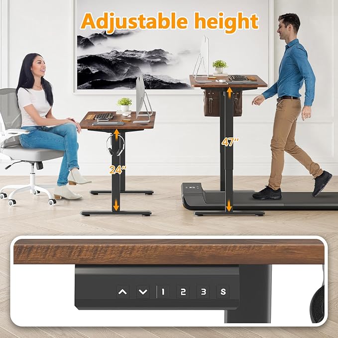 48x24 Inches Electric Standing Desk Adjustable Height Wooden Sit Stand Desk Electric Capacity 300lbs Sit to Stand up Standing Computer Desk with Hooks for Home Office (Reddish Brown 48x24 Inches)