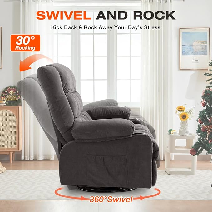 Swivel Recliner Chair for AdultsOversized Rocker Recliner with Vibration Massage and Lumbar HeatErgonomic Rocking Chair with Side Pocket2 Cup HoldersUSB Charge Port for Living Room