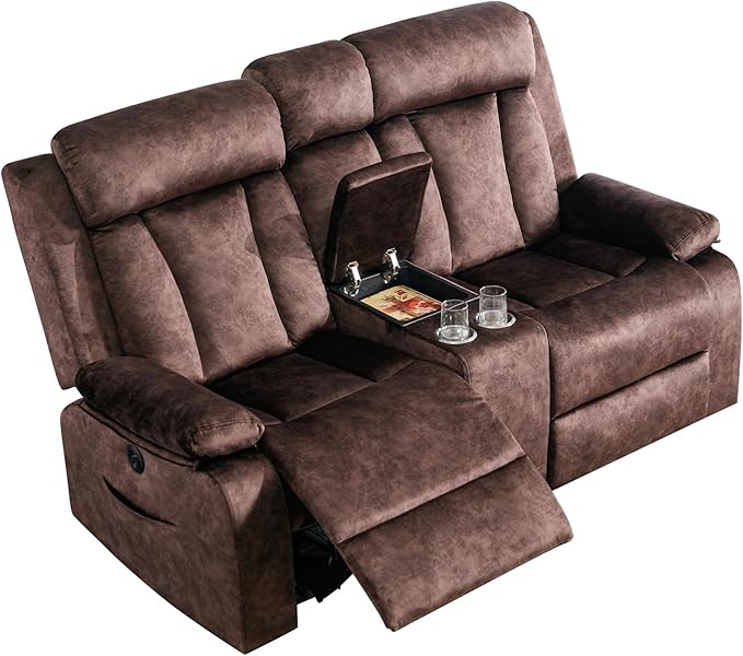Reclining Loveseat-Power Reclining Loveseat with ConsoleDouble Recliner Loveseat with Heat and MassageElectric Loveseat Recliner with Cup HoldersUSB &amp Type-C Charge Ports for Living RoomRV