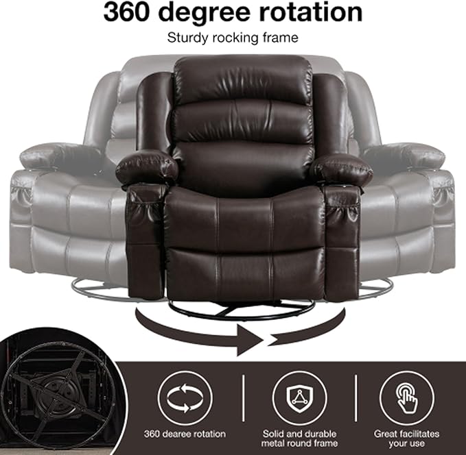 Electric Recliner Chairs for Adults Massage Recliner Chair with Heat 360 Swivel Recliners Chair for Living Room with 2 Cup Holders &amp USB Charge Port Rocking Function and Side Pocket (Brown)