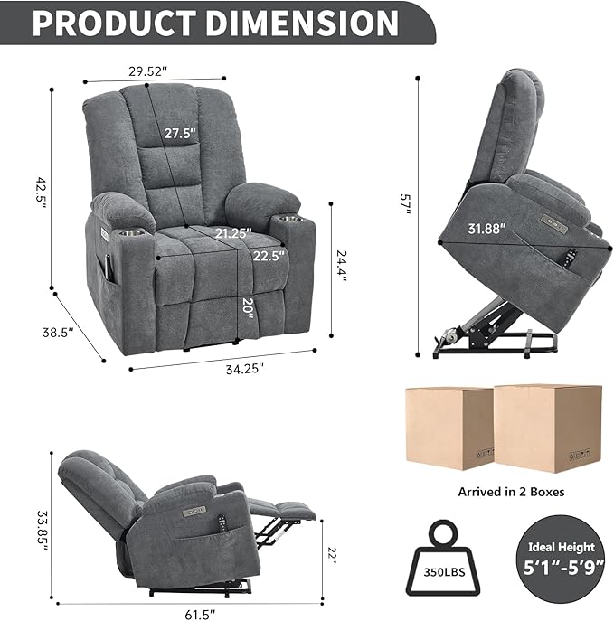 Power Lift Chair with Massage &amp Heat Electric Recliner Chairs for Adults Remote Control Sofa for Living Room Standing Assistance USB Ports Stainless Steel Cup Holders (Grey1)