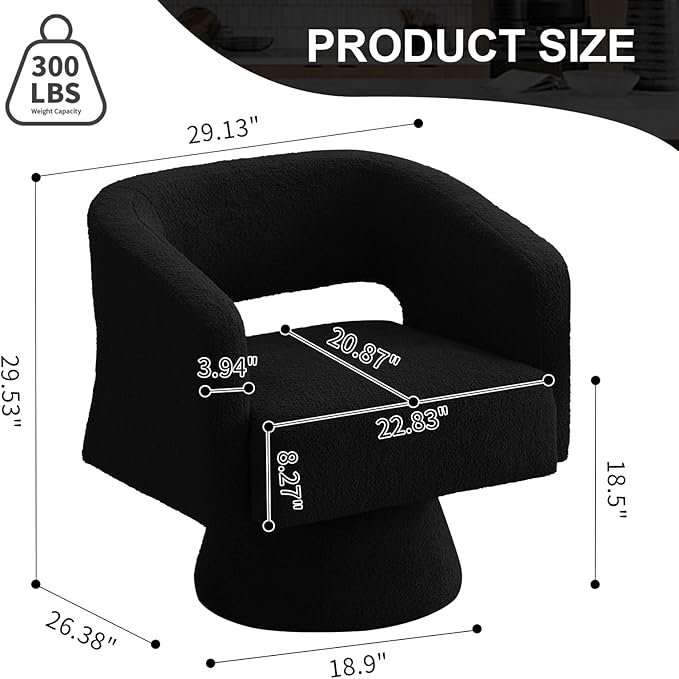 ClinQ Swivel Barrel Accent Chair Oversized Teddy Upholstered Round Swivel Chairs Set of 3 Modern Luxury 360° Living Room Vanity Chair for Bedroom Office&ampLiving Room Black