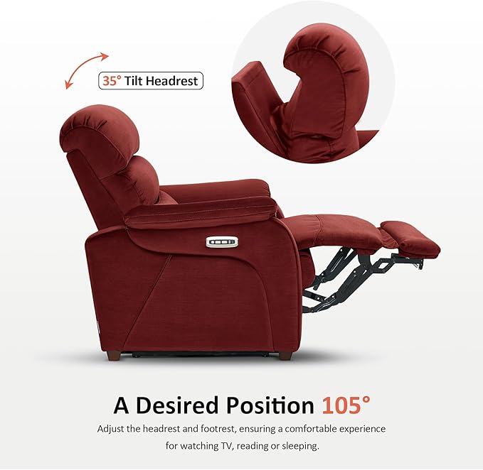 MCombo Power Zero Wall Hugger Recliner Chair for Small Space RV Living Room Power Recliner with Adjustable Headrest USB &amp USB-C Charging Ports Fabric ST257 (Burgundy)