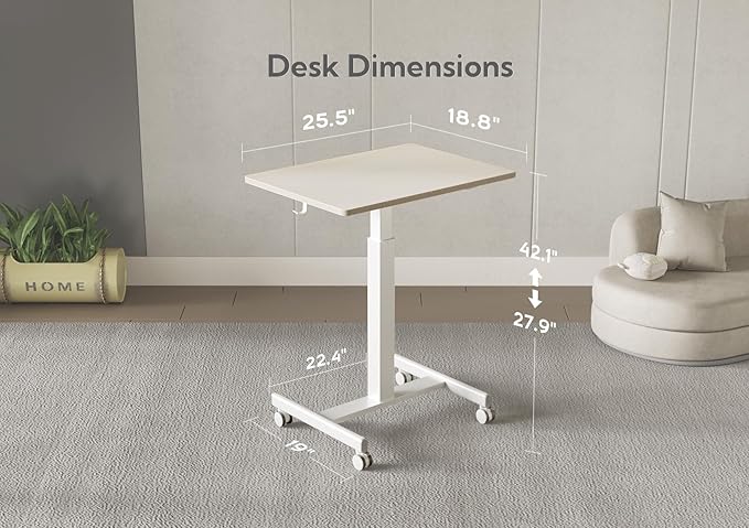 YDN Mobile Mobile Standing Desk Adjustable Height Portable Laptop Desk with Lockable Wheels 25.5 x 18.8 Rolling Desk with Hook for Computer Workstation Natural