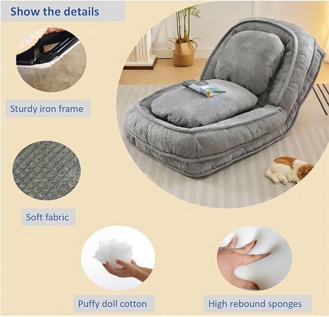 Foldable Lazy Sofa Bed Floor Chair Upholstered Human Dog Bed with 5 Adjustable Position Comfy Tatami Lounge Chair with 2 Pillows Lazy Sofa for Bedroom Living Room Reading (Gray 1)