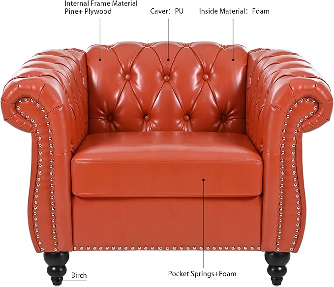 Oversized Chesterfield Chair PU Leather Accent Chair with Tufted Back Club Chair for Living Room Bedroom Gothic Victorian (Orange)