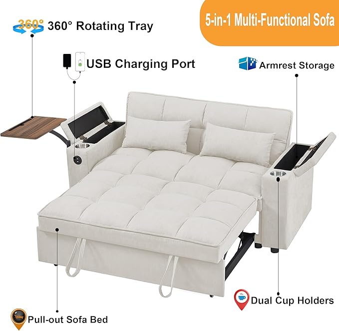 65'' Convertible Sleeper Sofa Bed with Adjustable Backrest Chaise Lounge Side Table &amp USB/Type-C Ports – Stylish &amp Functional Addition to Any Living Room (White)