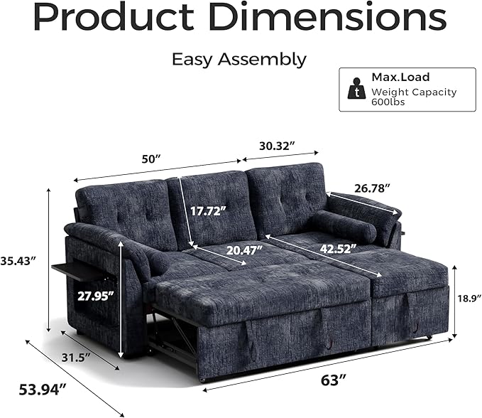 Convertible Queen Sofa Bed 63 Inch Chenille Pull Out Couch with Side Table 3 Seat Pull Out Sofa Bed with Level Adjustable Backrest Comfy Sleeper Sofas for Living Room Apartment Blue