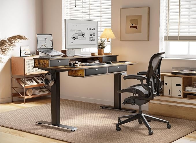 BANTI Height Adjustable Electric Standing Desk with 4 Drawers 48 x 24 Inch Table with Storage Shelf Sit Stand Desk Rustic Brown Top