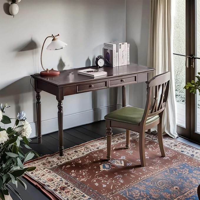 Walnut Writing Desks with Drawers 47 Solid Wood French Country Style Computer Desk for Home Office Living Room Study or Workspace