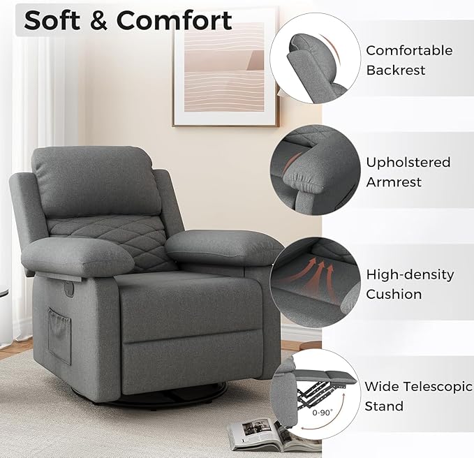 Glider Recliner for Adult Indoor Upholstered Lounge Nursery Chair Swivel Single Sofa with Side Pockets for Living Room Bedroom(Grey)