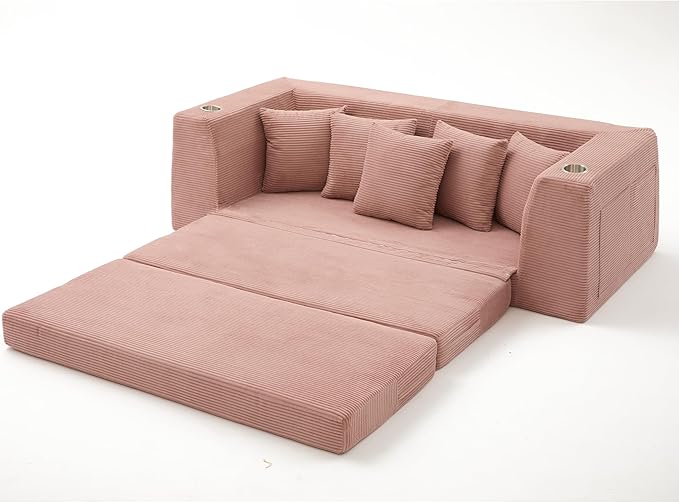 82'' Convertible Sofa Bed 2-in-1 Boneless Sleeper Sofa with Cup Holder &amp Pocket Corduroy Loveseat Sleeper Couch with 5 Pillows Pull Out Couch for Living Room Bedroom No Assembly (Pink)