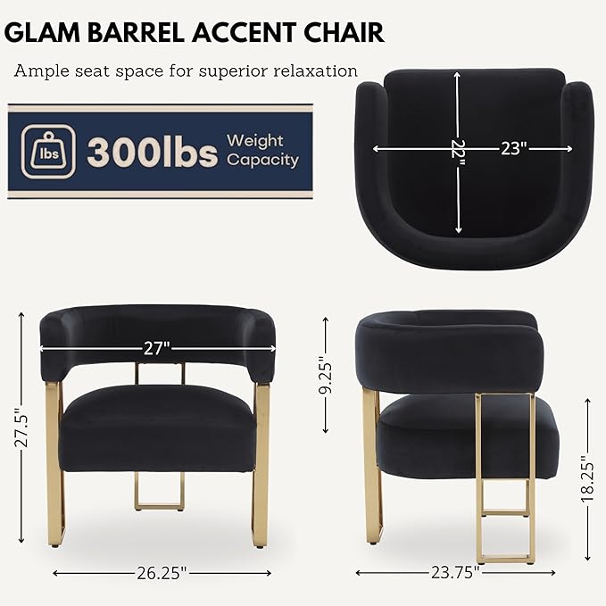 Modern Barrel Accent Chair for Living Room Comfy Velvet Upholstered Armchair with Semi-Open Back Reading Chair Single Sofa Chair with Gold Metal Legs for Bedroom Vanity Reception Black 1 PC