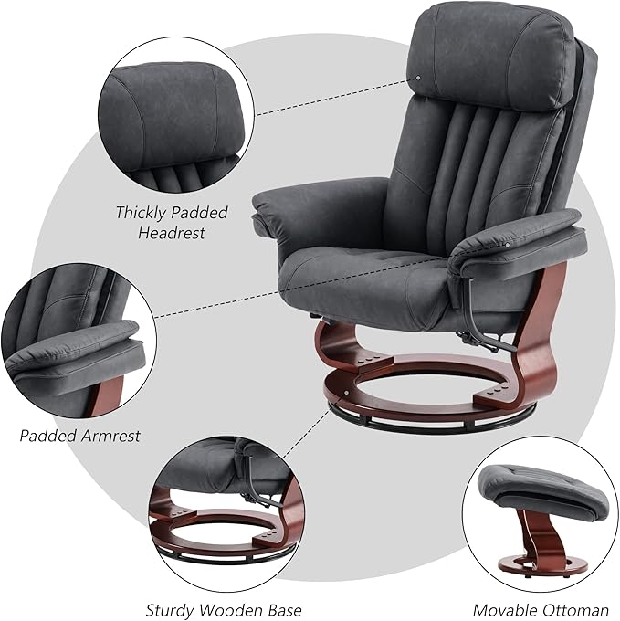MCombo Swivel Recliner with Ottoman Chenille Fabric TV Chair with Vibration Massage Ideal for RV Small Space Living Room &amp Bedroom 4999 (Faux Leather Dark Grey)