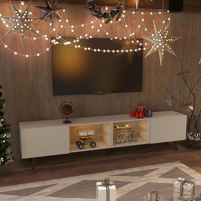 Bonzy Home 86 LED TV Stand Modern Entertainment Center up to 75 80 85 TV Television Console Table with Storage Cabinets for Living Room White