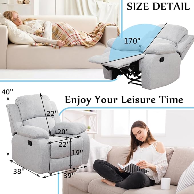 Fabric Recliner Chair for Living Room Furniture SetManual Reclining Couch Gray for Small Space/Rv Wall Hugger Single Recliner/Home Theater Seating for House/Office(Chair)