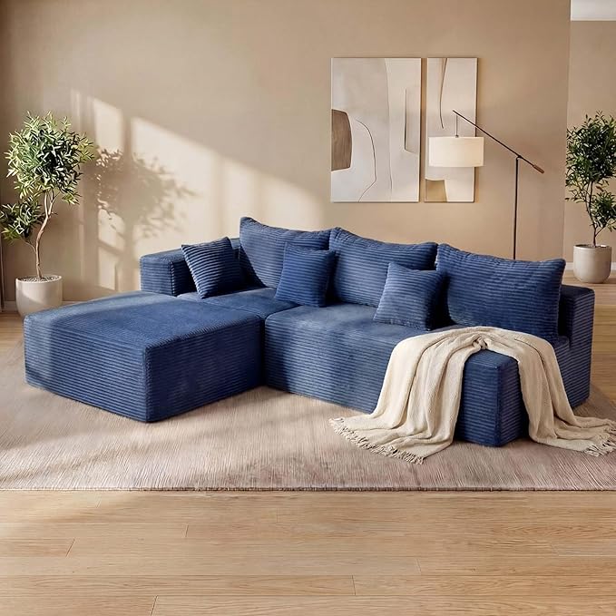 Redlife 97 L-Shaped Modular Sectional Sofa 4-Seater Boneless Couch with Ottoman 28 Deep Seat Blue Corduroy Upholstery Non-Slip Texture No Assembly Required