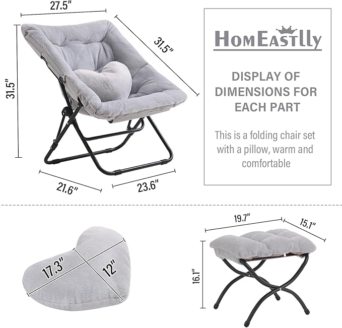 Comfy Saucer Chair with Ottoman Oversized Folding Faux Fur Chair Soft Furry Lazy Chair with Metal Frame Moon Chair Accent Chair for Bedroom Living Room Dorm Rooms Grey