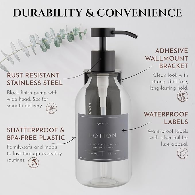 Shower Shampoo Dispenser Wall Mounted – 3 Refillable 16.9 oz Clear Bottles with Stainless Steel Pumps &amp No-Drill Adhesive Holders – Soap Dispenser Set for Bathroom (3 X Clear/Black)
