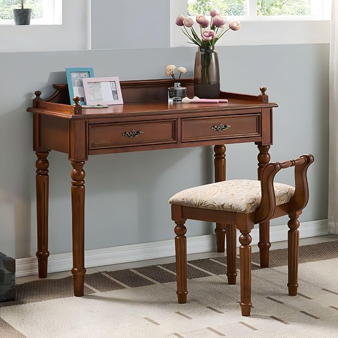 RUNNUP Mid-Century Desk with 2 Drawers 31.5 Wide Home Office Desk Workstation Solid Wood Computer Writing Study Desk for Small Space Bedroom Living Room Makeup Vanity Console Table