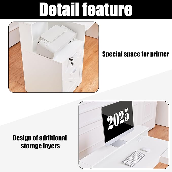 60 L Shaped Executive Desk with Printer SpaceCorner Computer Desk with Power OutletsLockable Drawers &amp Adjustable File CabnetL Shaped Office Desk with Monitor Stand (White)