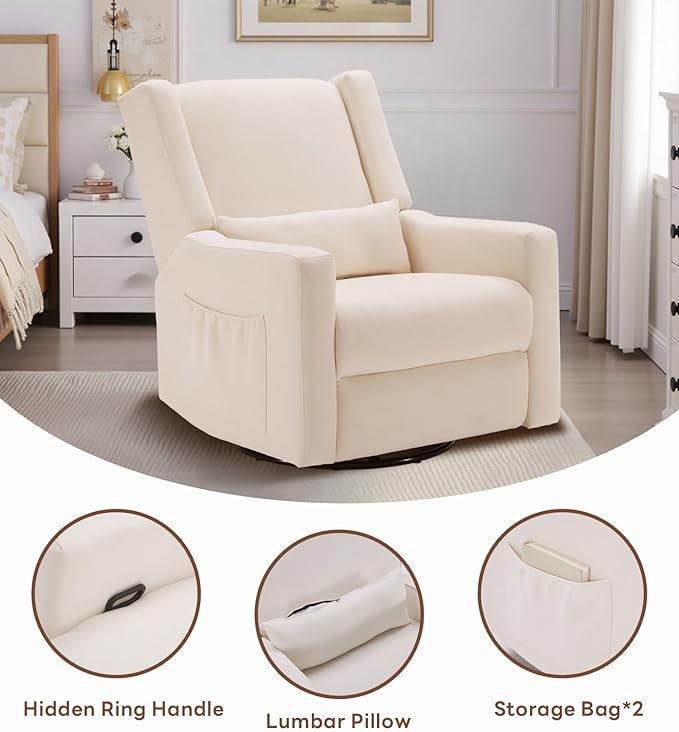 Tbfit 360° Swivel Recliner Chair Nursery Rocking Chair with Lumbar Support &amp Footrest for Bedroom Comfy Upholstered Armchair with Pillows &amp Storage Bag for Living Room (Beige Hidden Ring Ha