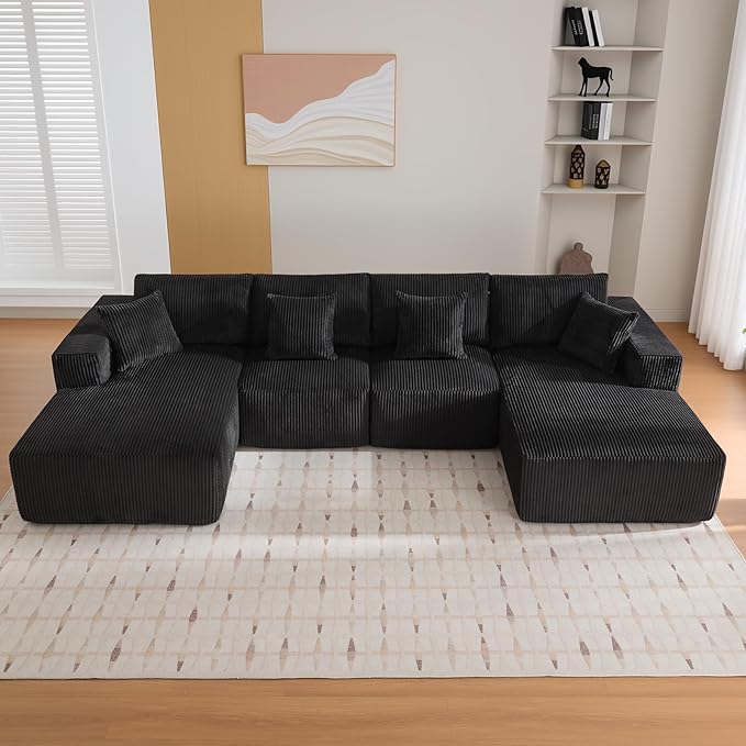137 Sectional Cloud Couch Modular Modern U-Shaped Sofa with Chaise Lounge Corduroy Fabric No Assembly Required Convertible Compression Sleeper Sofa for Living Room Apartment Bedroom