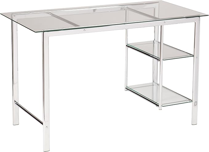 SEI Furniture Oslo Glass Writing Desk 47 Wide - Two Fixed Shelves w/Broad Glass Tabletop Chrome (AMZ9258OH)