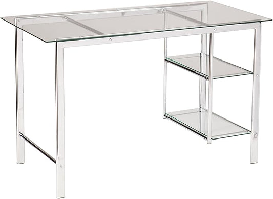 SEI Furniture Oslo Glass Writing Desk 47 Wide - Two Fixed Shelves w/Broad Glass Tabletop Chrome (AMZ9258OH)