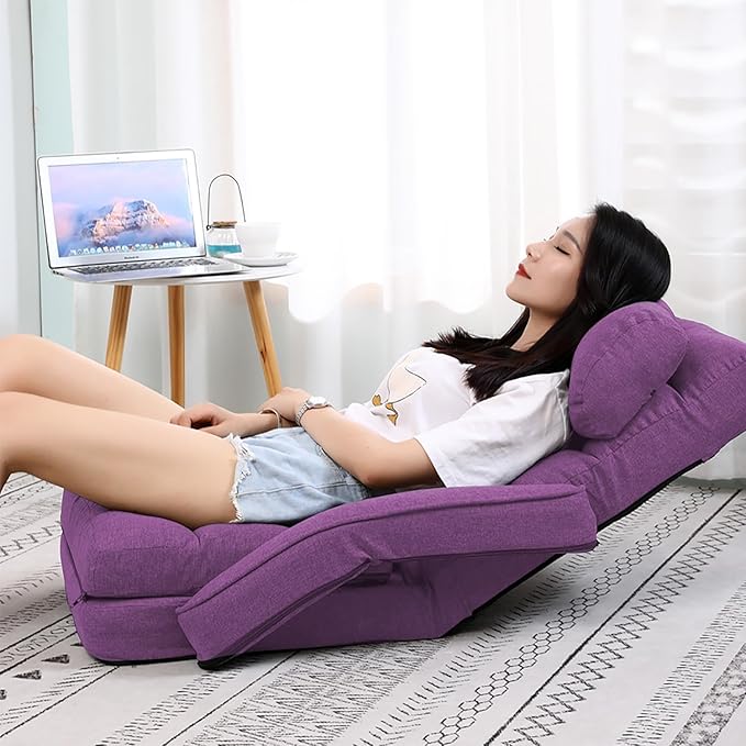 FLOGUOR 42-Position Adjustable Floor Chair Chaise Lounge Indoor Folding Lazy Sofa with Armrests and a Pillow Padded Adults Gaming Chairs for Living Room Bedroom Factory Price 8803XM (Purple)