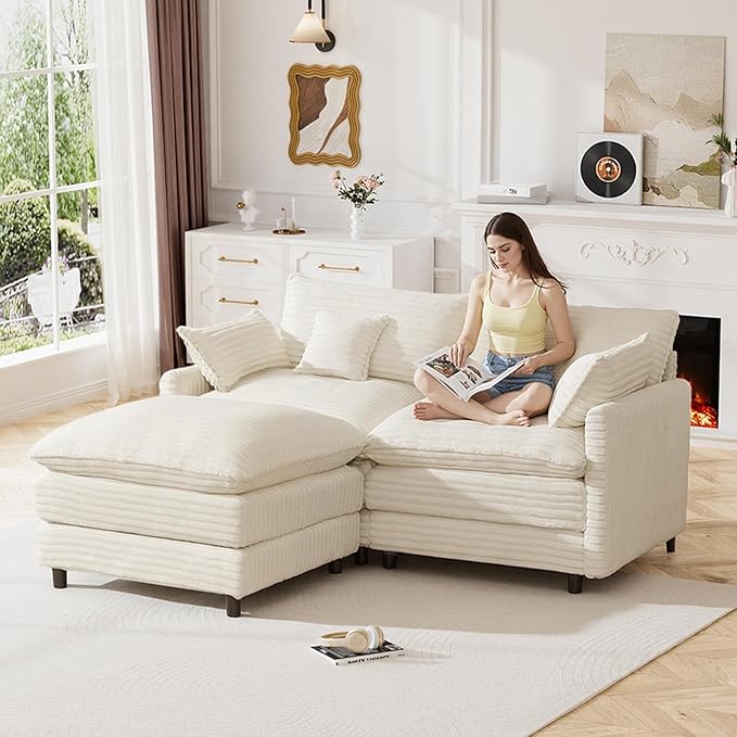 HYJT-H&ampK 74 L Shaped Cloud Couch Modular Small Sectional Couches for Living Room Small Spaces Comfy Fluffy Corduroy Cloud Loveseat with Ottoman 3 Seat Sectionals Sofa White