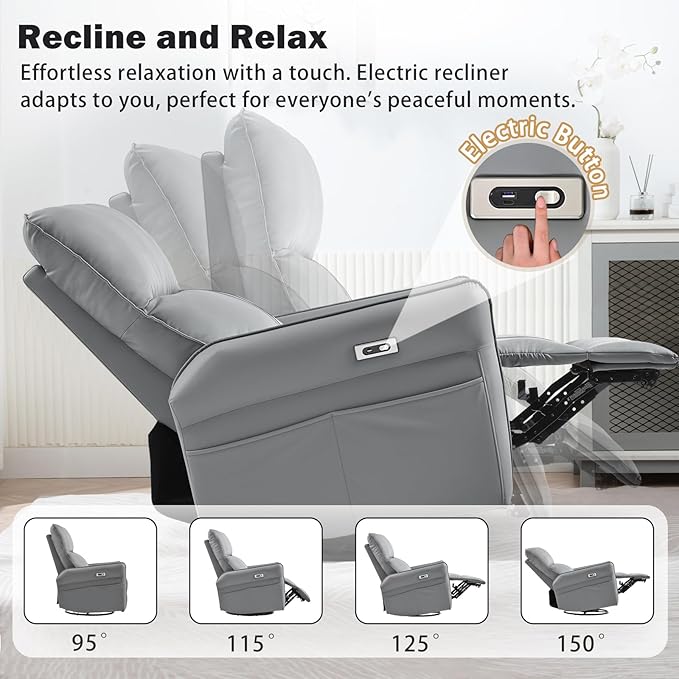 cinkehome Power Swivel Rocker Recliner with USB Overstuffed Electric Reclining Chair Faux Leather Rocker Recliner for Nursery Living Room
