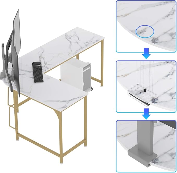 Teraves Reversible L Shaped Desk White - 66.1 Corner Gaming Computer Desk Office Workstation Modern Home Study Writing Table Marble Gold