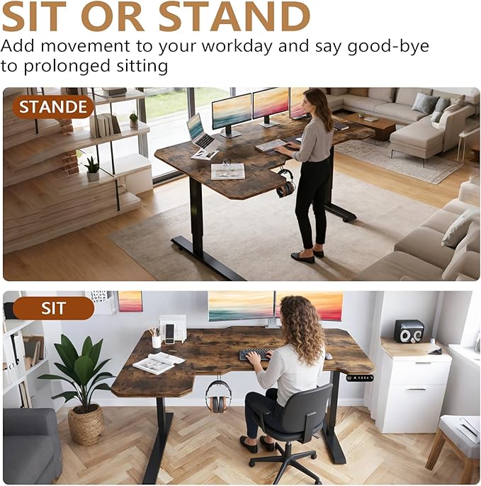 59 L-Shaped Standing Desk Height Adjustable Electric Corner Desk with Wheels Ergonomic Rising Computer Table for Home Office (Rustic Brown)