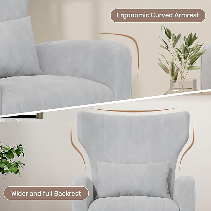 Velvet Accent Chair Wingback for Living Room High Back Arm Chair with Golden Legs Lumbar Pillow Upholstered Single Sofa Bedroom Light Grey