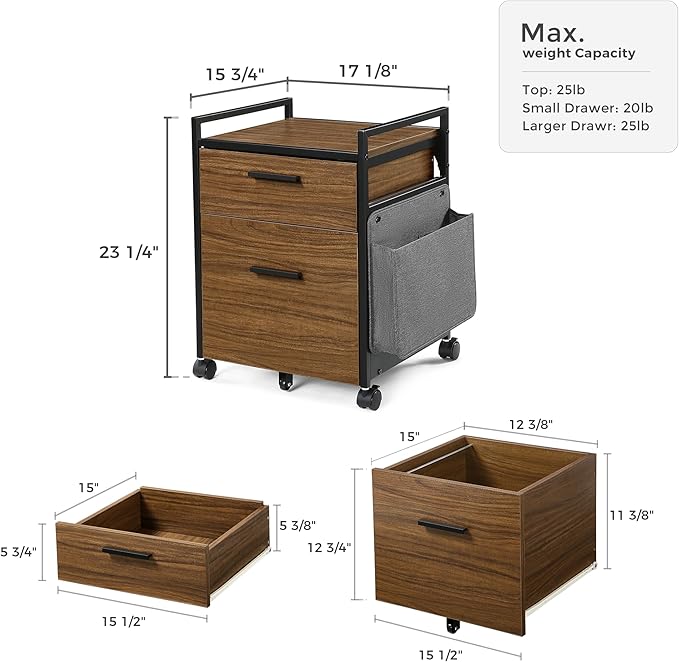 EUREKA ERGONOMIC 2-Drawer Mobile File Cabinet with Wheels Solid Wood Rolling Storage Cabinet for Home Office Space-Saving Under Desk Organization with Printer Stand Walnut
