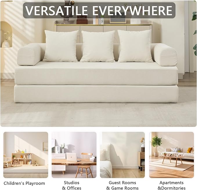 79 Inch 4-in-1 Convertible Sofa Bed Boneless Couches Chenille Folding Sleeper with Pull Out Bed Floor Futon Modular Lounge Loveseat Compressed Sofa No Assembly Required for Living Room (Beige)