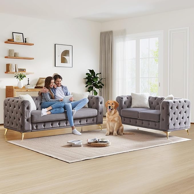 Mid Century Modern Couch and Loveseat Sofa Set Upholstered Velvet Couch with Button Tufted &amp Gold Legs Deep Seat Comfy Chesterfield Sofa for Living Room Bedroom Office(Loveseat + 3 Seater Gre