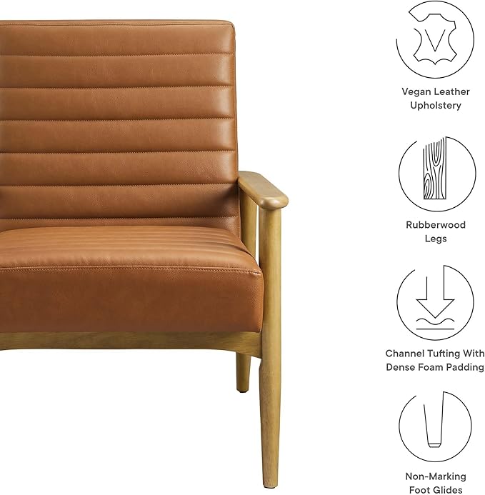 Modway Jensen Vegan Leather Accent Chair in French Oak Tan - Mid-Century Modern Armchair with Solid Wood Legs &amp Armrest - Upholstered Faux Leather Single Side Chair - Reading Chair for Living Room